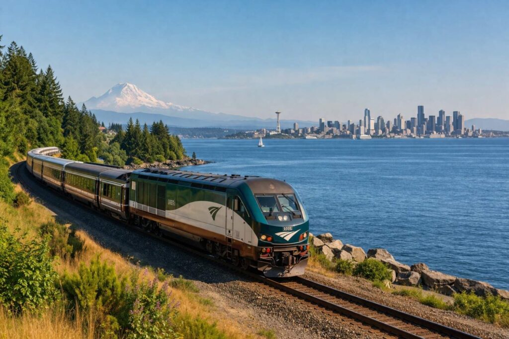 Coastal train journey with city skyline
