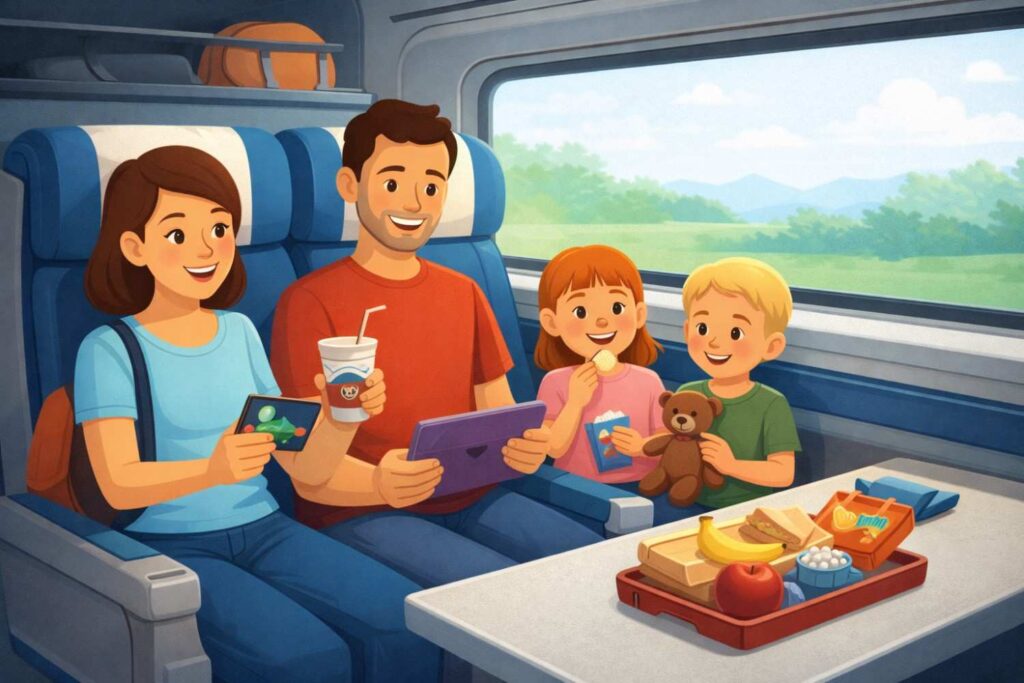 Family journeying through the country side